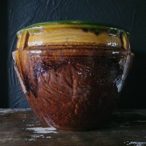 Vintage Weller Green and Brown Majolica Jardinere/ Weller Pot